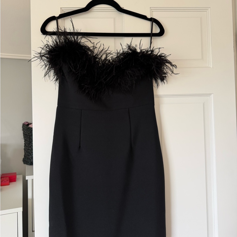 Windsor Black Strapless Feather-Trim Dress